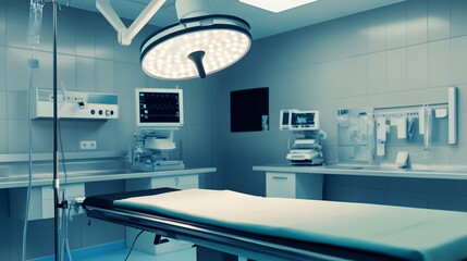 An empty operating room with a surgical table, monitors, and a bright surgical light.