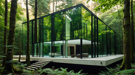 Modern Glass House in Lush Forest with Tranquil Atmosphere