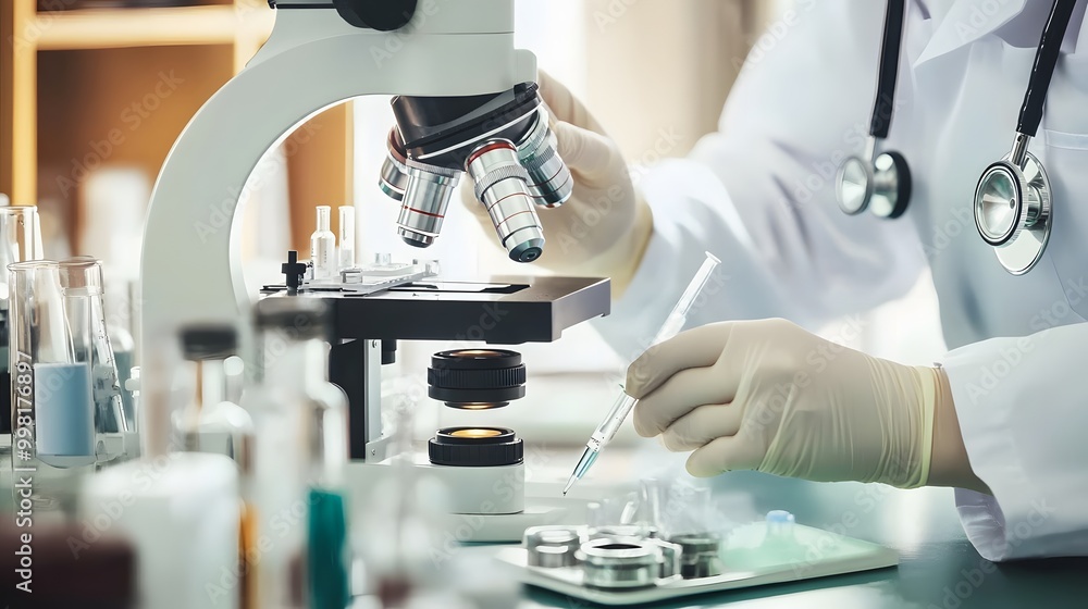 Poster a scientist uses a microscope in a lab.
