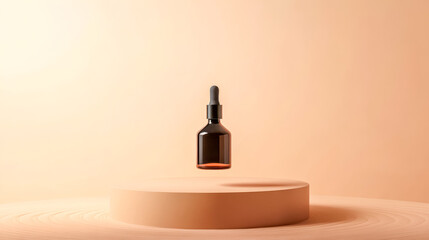 Naklejka premium Minimal cosmetic bottle floating over a podium on a warm backdrop