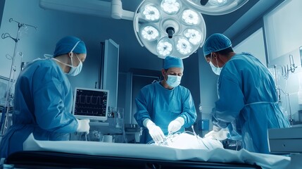 A team of three surgeons in a hospital operating room perform a procedure.