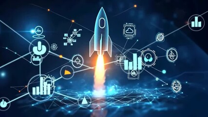 A rocket launching upward with digital symbols and data surrounding it, representing technology, startup growth, financial success, and innovation in a digital world. 4K video

