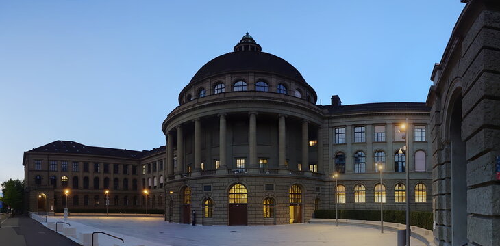 06-09-2024 Zurich, Switzerland. ETH University on R&auml;mistrasse 101. Early summer morning panorama, wide angle, no people.
