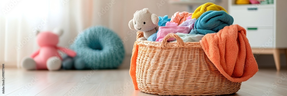 Aufkleber bright children's clothes and soft toys fill a laundry basket in a light-filled, inviting room, crea
