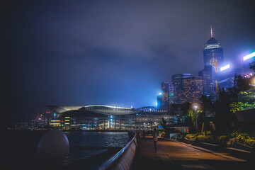 Night View of Hong Kong Convention and Exhibition Centre along the Victoria Harbour waterfront in Hong Kong