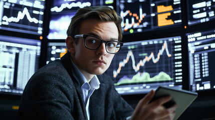 Fototapeta premium Focused Trader Analyzing Stock Market Data on Screens