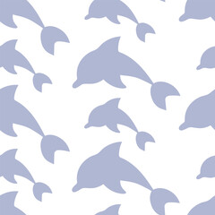 Naklejka premium Purple dolphins jumping. Sea mammal of different sizes. Repeating vector pattern. Seamless ornament of diving sea mammals. Isolated colorless background. Flat style. Ocean inhabitant with fins.