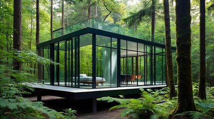 Fototapeta premium Modern Glass House in Lush Forest with Tranquil Atmosphere