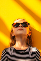 Fototapeta premium Girl wearing sunglasses, yellow background