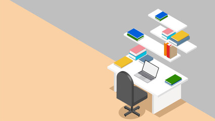 Work desk or study table with open laptop and stack of books isometric. Concept of distance learning, online learning, online exams and digital education