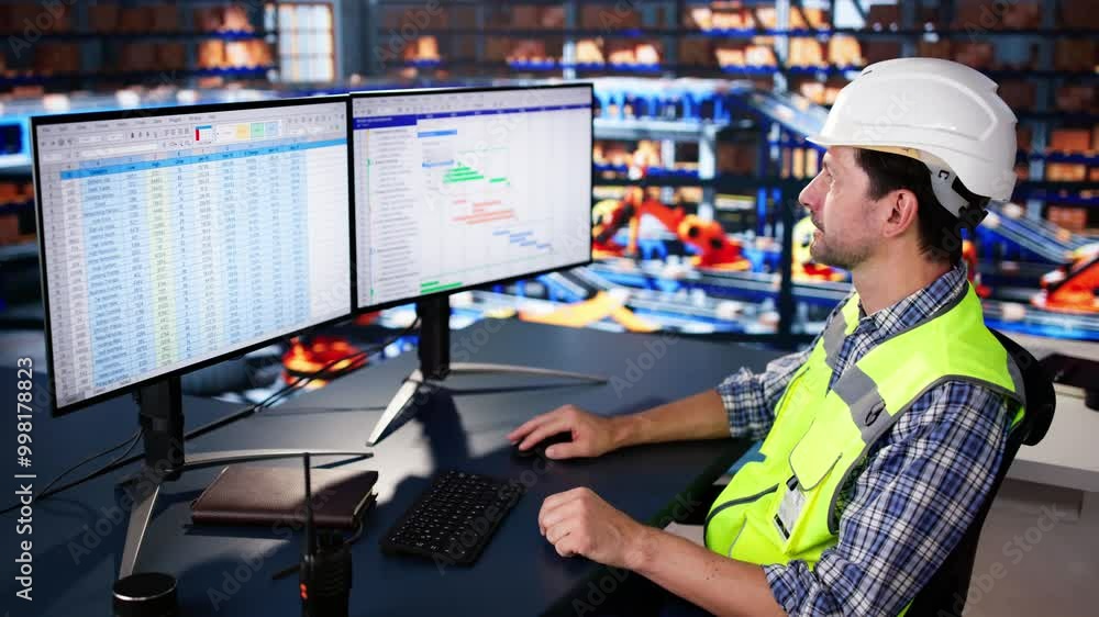 Poster Warehouse Manager Sitting At Desktop Computer. Delivery Logistic