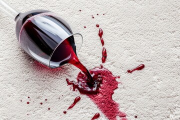 Red wine spills from a glass onto a white carpet, creating a vivid stain in a modern living room setting during a casual gathering. Close-up