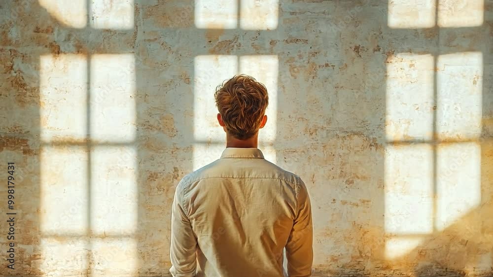 Aufkleber a person gazes contemplatively at a textured wall illuminated by sunlight, creating a serene atmosph