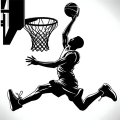 Silhouette of a male basketball player shooting a ball in the hoop on white background, flat cartoon illustration