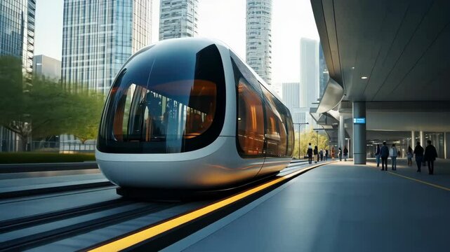 A sleek, modern tram or train traveling through an urban cityscape, highlighting concepts of public transportation, future mobility, and urban innovation. 4K video