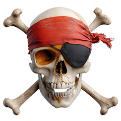 A skull with a pirate's eye patch and a red bandana. The skull is wearing a pirate's hat and has a pirate's eye patch, transparent background, Ai generative.