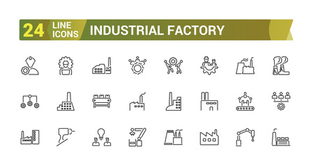 Industial factory icon set. Related to power industry, Plant, Nuclear plant, Manufacturing line icons. Editable stroke. Vector illustration