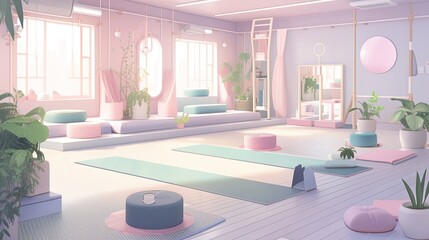 Yoga studio background, featuring soft-colored mats, peaceful decor, and a calming atmosphere.
