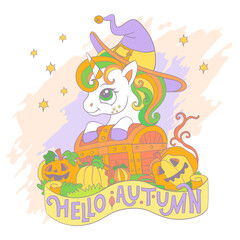 Halloween card unicorn with chest and pumpkins vector illustration