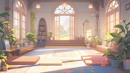 Yoga studio background, featuring soft-colored mats, peaceful decor, and a calming atmosphere.