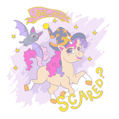 Halloween card with unicorn and bats vector illustration