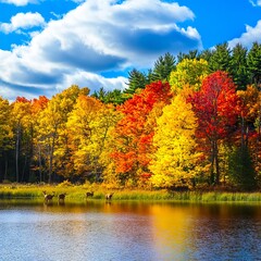 Fototapeta premium A group of deer standing on the shore of a lake surrounded by colorful trees