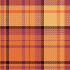Silk background textile fabric, autumn vector plaid check. Fur tartan seamless texture pattern in orange and red colors.