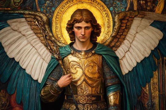 Majestic portrait of an angelic warrior with golden halo, ornate armor, and white wings, embodying celestial power and divine protection