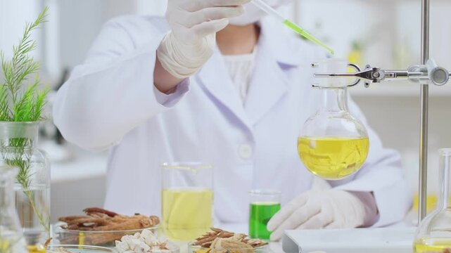 A boiling flask is fixed on a metal stand, which placed on lab bench with many types of herbal placed in lab glassware. The researcher using pipette to drop yellow liquid into it