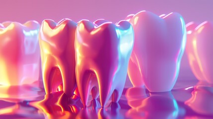 A row of teeth are shown in a pinkish hue