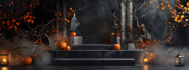 Fototapeta premium Empty podium with branch of autumn leaves to show cosmetic products. Beige, orange and yellow color background for branding and packaging product presentation. 