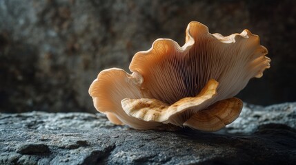 A Single Oyster Mushroom on a Rough, Grey Stone