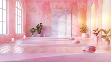 Yoga studio background, featuring soft-colored mats, peaceful decor, and a calming atmosphere.