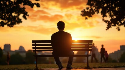 Person sitting alone on a park bench at sunset, with families and joggers passing by, but their attention is fixed inward, absorbed in thought