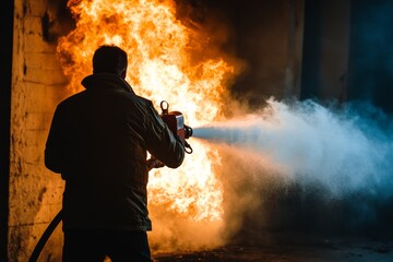 Obraz premium A firefighter battles a raging fire at close range with a hose, demonstrating the intense and dangerous nature of firefighting in an urban setting