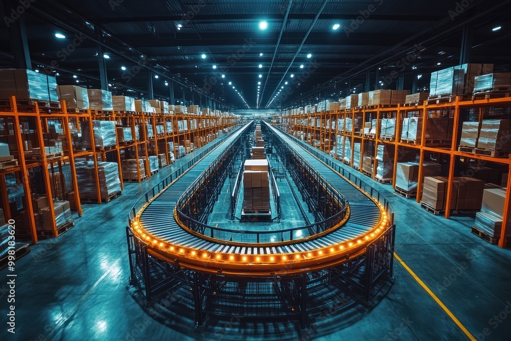 Wall mural A large warehouse with a conveyor belt system for moving boxes.