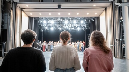Large theater stage door rising smoothly unveiling a dramatic backstage area bustling with performers and crew preparing for the next scene