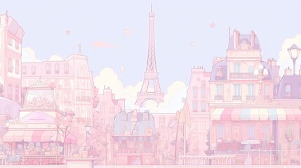 Cityscape with iconic landmarks, soft-colored buildings, and a dreamy, inviting atmosphere.