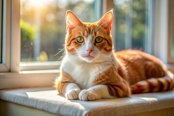 Playful orange and white tabby cat lounging comfortably in a sunny spot by the window at home