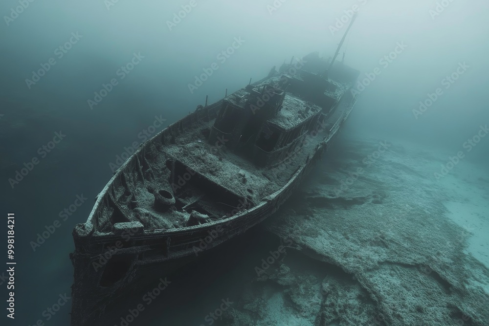 Wall mural A haunting view of a deteriorating ship wreck resting on the seabed, its outline barely visible through the misty, greenish underwater haze