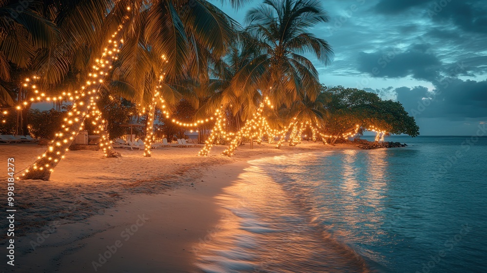 Poster Palm trees with string lights illuminated on a white sandy beach at dusk with the ocean in the background.