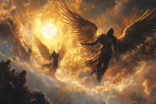Dramatic fantasy painting depicting winged figures amidst fiery clouds and a blazing sun, evoking an epic celestial conflict
