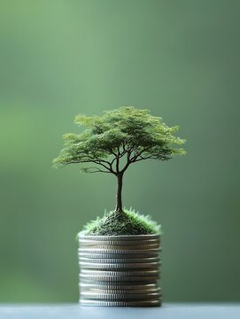 A small, healthy tree growing from the top of a stack of coins, representing the idea of growing investments over time.