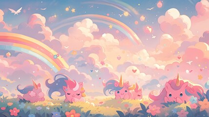 Fototapeta premium Whimsical background with cartoonish elements like pastel clouds, rainbows, and magical creatures, evoking a sense of childlike wonder