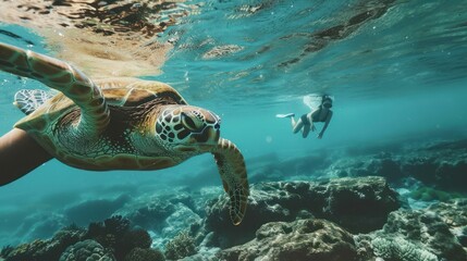 Obraz premium Sea Turtle Encounter Underwater