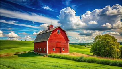Obraz premium Rustic Red Barn Surrounded by Green Fields Under a Bright Blue Sky in a Peaceful Countryside Setting