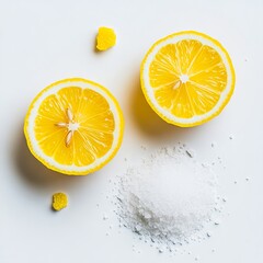 Two slices of lemon next to a pile of salt on a white surface