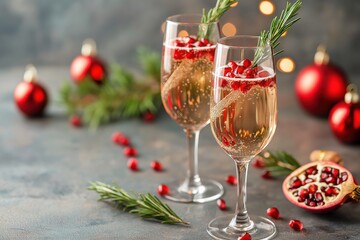 Champagne with pomegranate seeds and rosemary.  Festive champagne.
A glass of sparkling champagne with pomegranate seeds and rosemary sprigs, ideal for a holiday toast