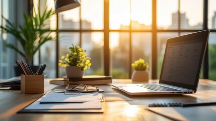 Productivity tools on a desk including a laptop, planner, and task lists, organized workspace, sharp focus, bright lighting