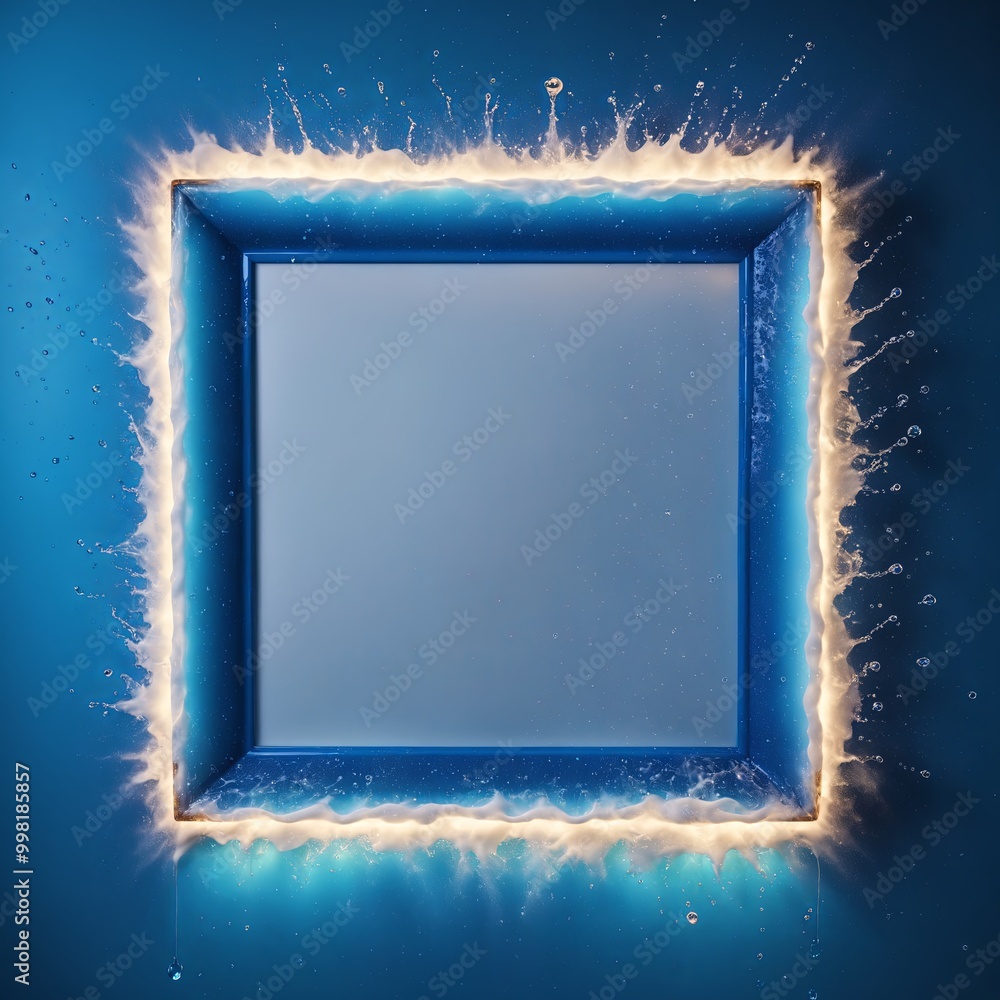 Poster luminous square frame with a glowing border, surrounded by splashing water on a deep blue background